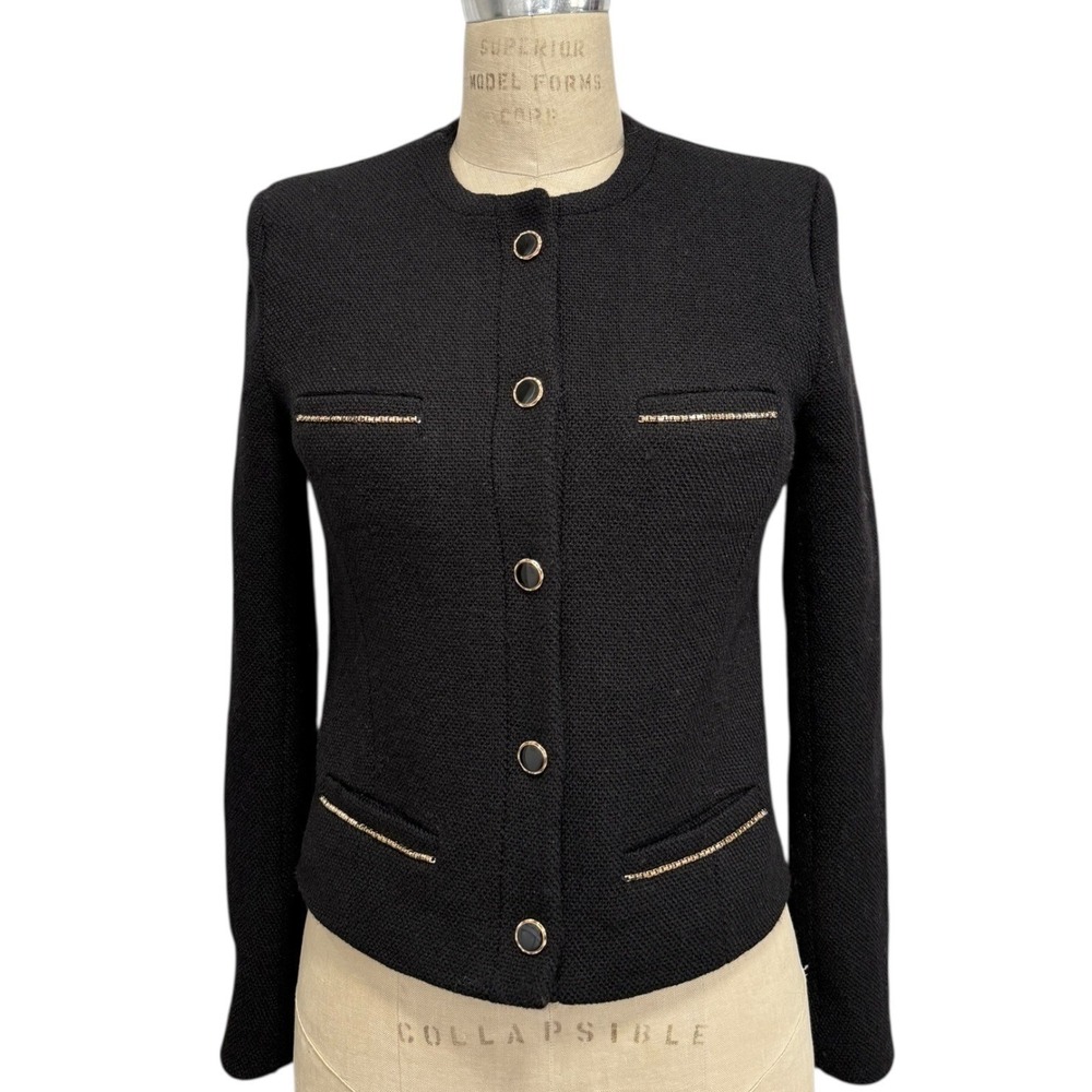 The Kooples Black Textured Collarless Jacket Womens 6 Wool Knit Gold Trim FR38